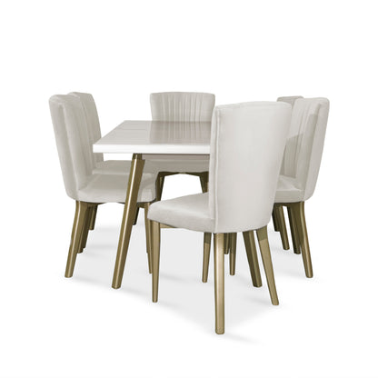 Comedor 6 puestos regina blanco perla-champaña Microfibra crudo