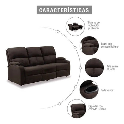 SOFA RECLINABLE AMBER 3 PUESTOS  MICROFIBRA CHOCOLATE