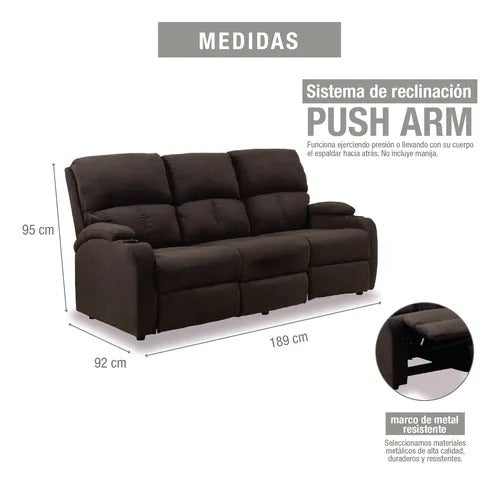 SOFA RECLINABLE AMBER 3 PUESTOS  MICROFIBRA CHOCOLATE
