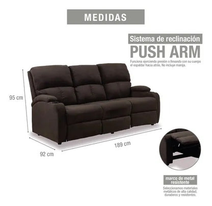 SOFA RECLINABLE AMBER 3 PUESTOS  MICROFIBRA CHOCOLATE