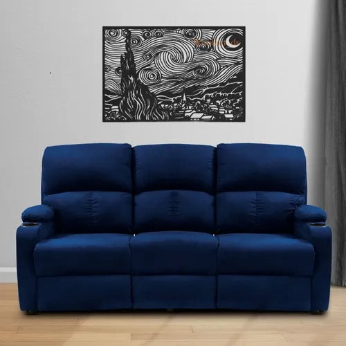 SOFA RECLINABLE AMBER 3 PUESTOS  MICROFIBRA AZUL