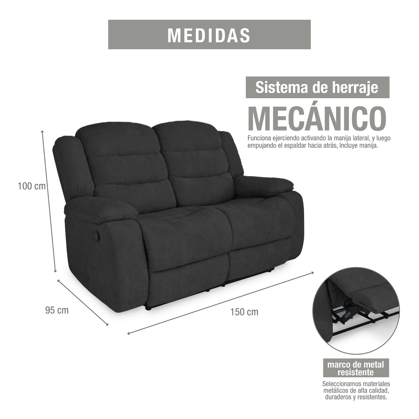 Sofá reclinable grand 2 puestos microfibra gris plomo