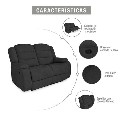 SOFA RECLINABLE GRAND 2 PUESTOS  MICROFIBRA GRIS PLOMO