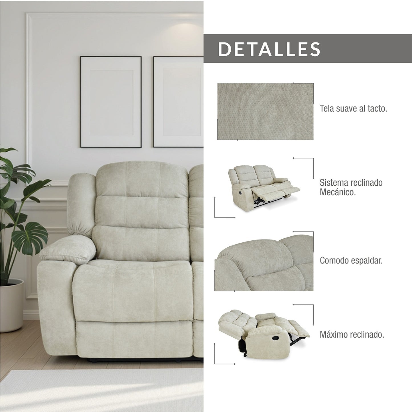 SOFA RECLINABLE GRAND 2 PUESTOS  MICROFIBRA CAMEL