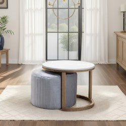 Set mesa nova en natural oscuro con puff en tela plata