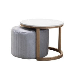 Set mesa nova en natural oscuro con puff en tela plata