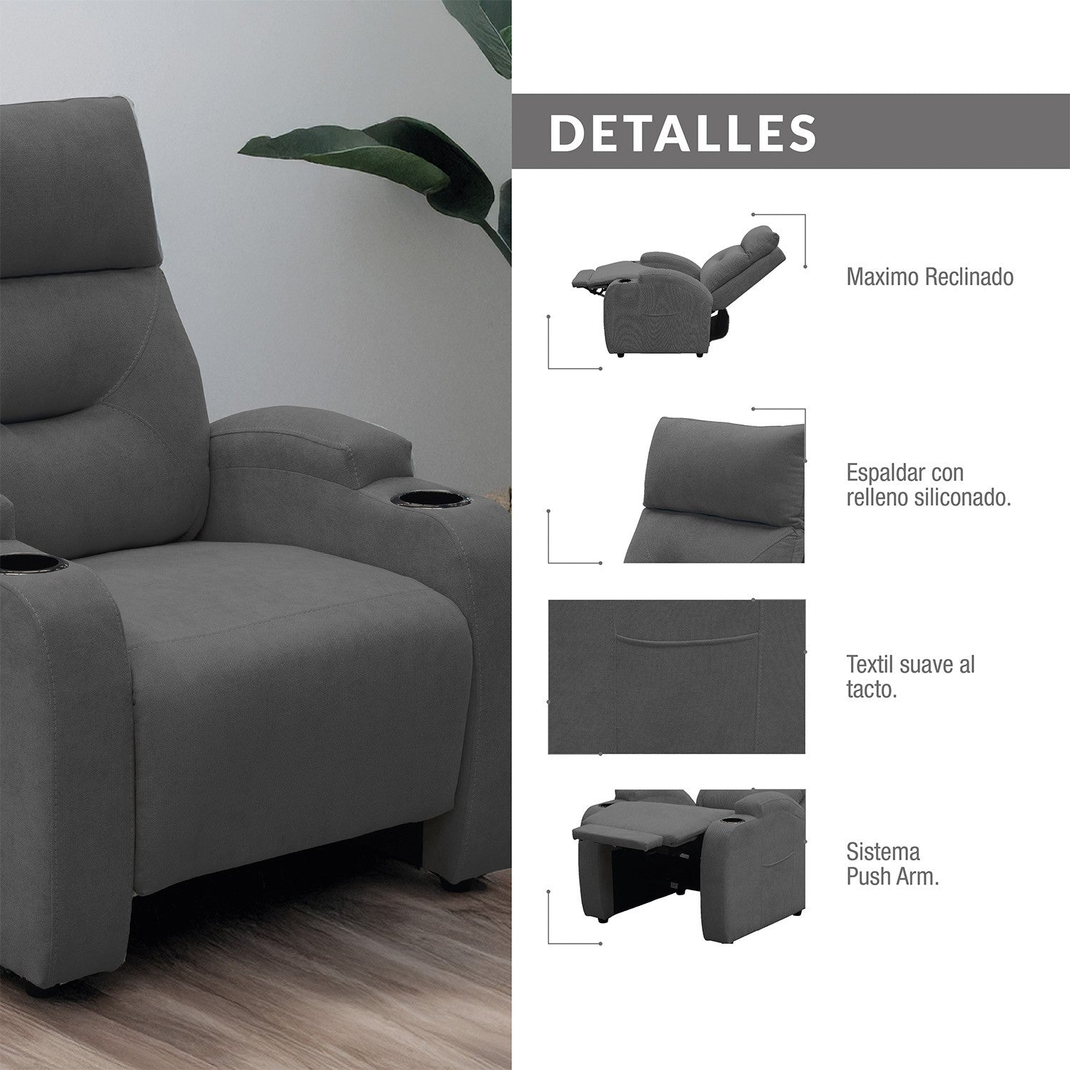 Silla reclinable logan 1 puesto estatico microfibra gris