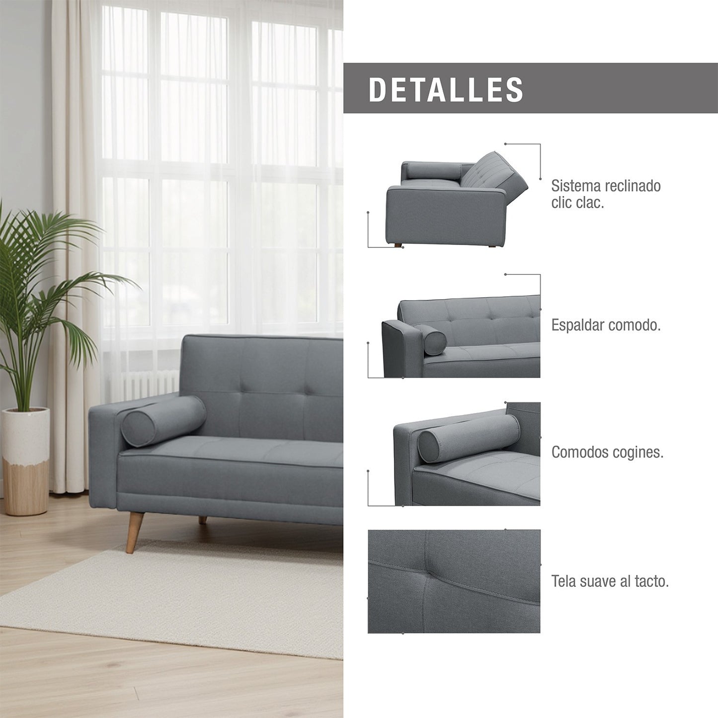 SOFA CAMA JACK MICROFIBRA GRIS OSCURO